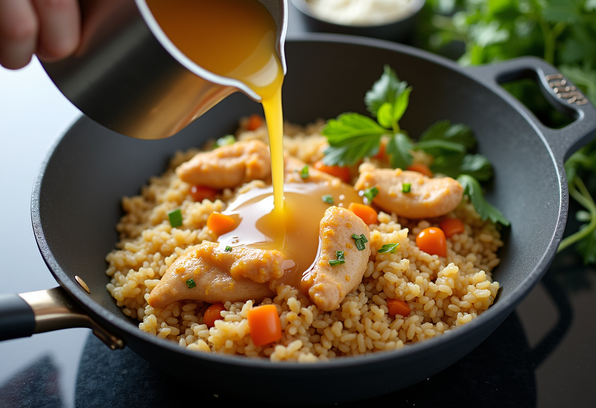 Pouring broth and cream into the skillet for smothered chicken and rice, blending flavors for a creamy texture, enhancing the dish's appeal.