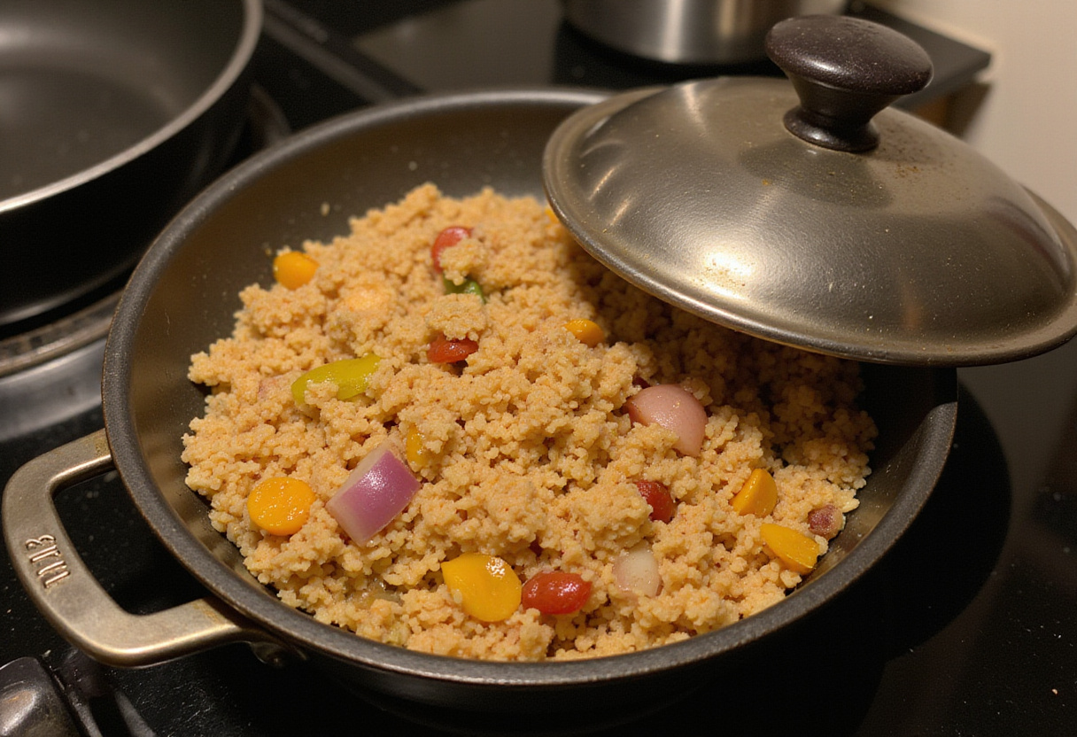 Fluffy rice prepared for smothered chicken and rice, an essential side dish for the savory meal, emphasizing the delightful texture.