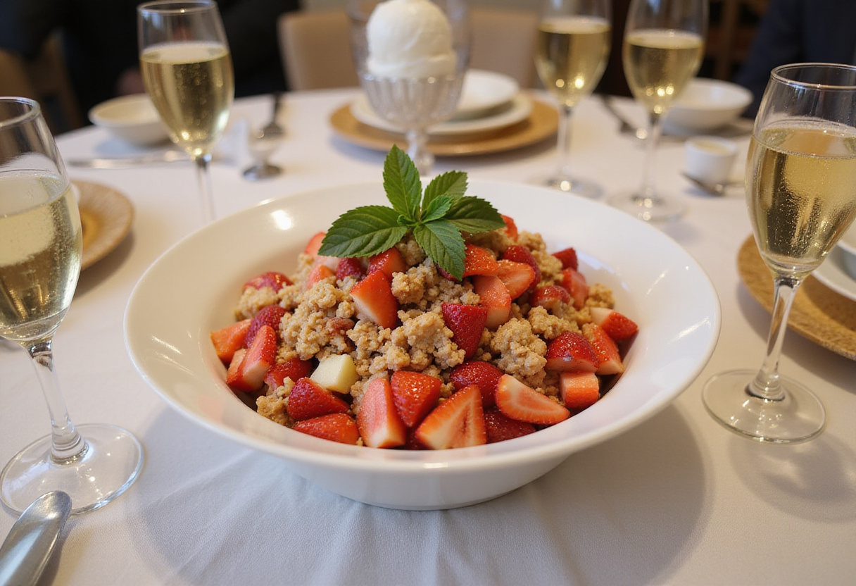 Elegant presentation of Strawberry Crunch Salad with Champagne Vinaigrette, perfect for a festive gathering.