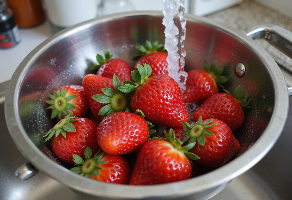 Fresh strawberries being washed for Strawberry Crunch Salad, vibrant colors indicating freshness and quality.