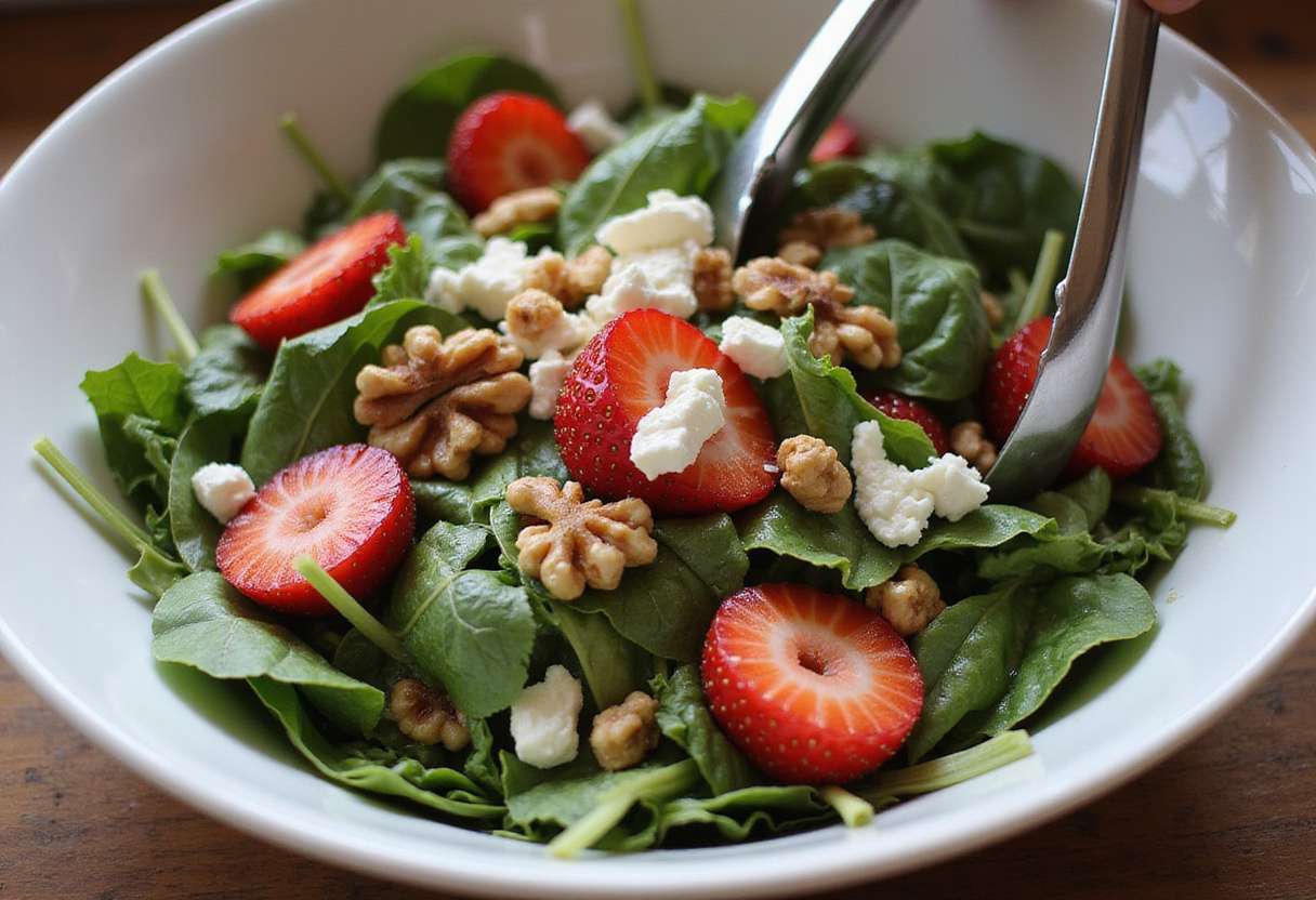 A vibrant bowl of Spinach and Arugula Salad with strawberries, walnuts, and feta for a delicious Strawberry Crunch Salad.