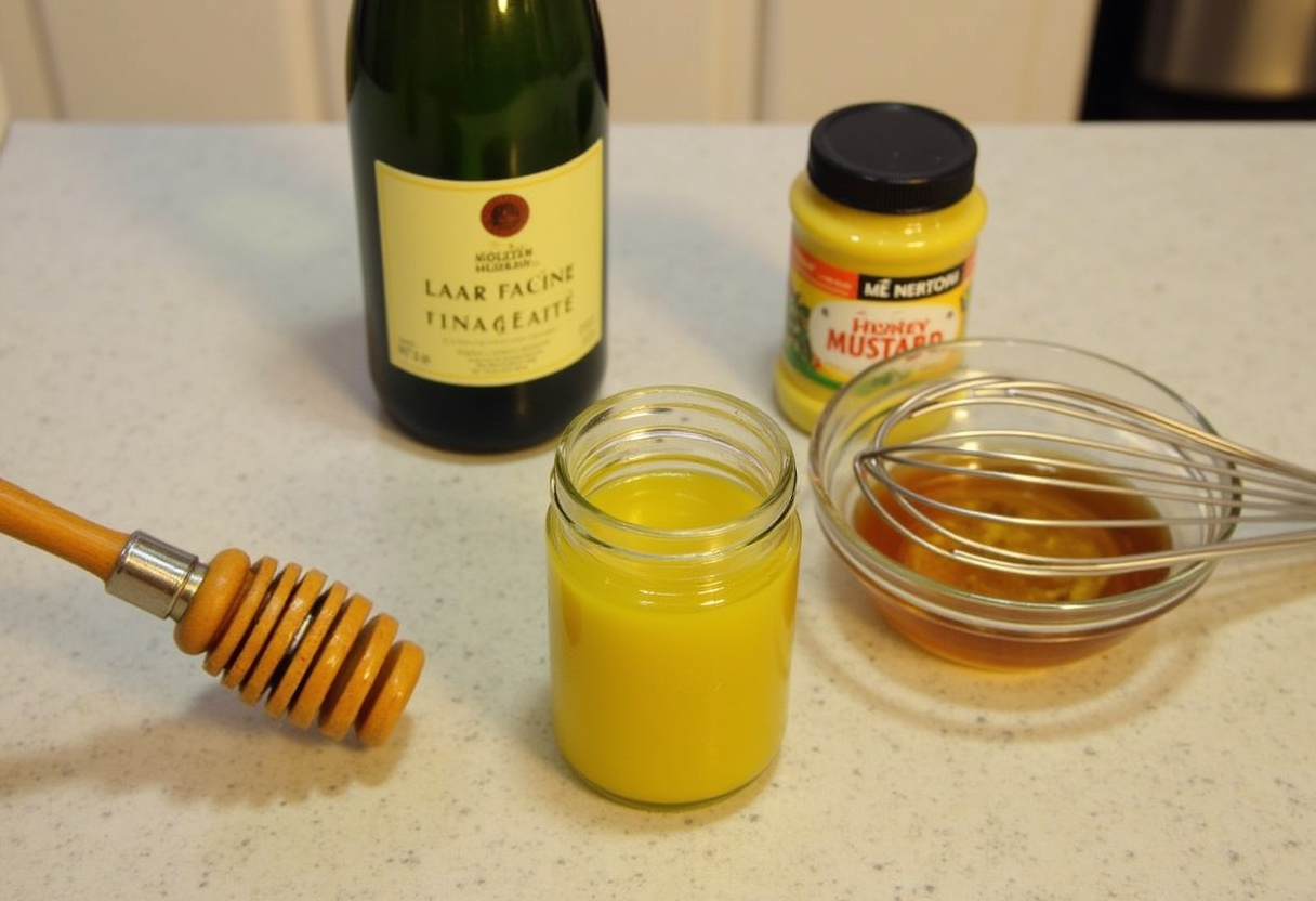 Homemade champagne vinaigrette ingredients ready for a flavorful dressing in Strawberry Crunch Salad.