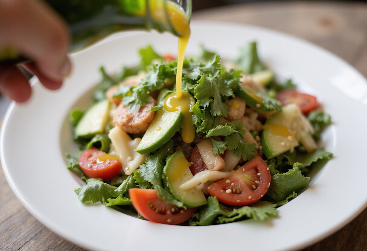 Plated Strawberry Crunch Salad drizzled with champagne vinaigrette, presenting a colorful and appetizing dish.
