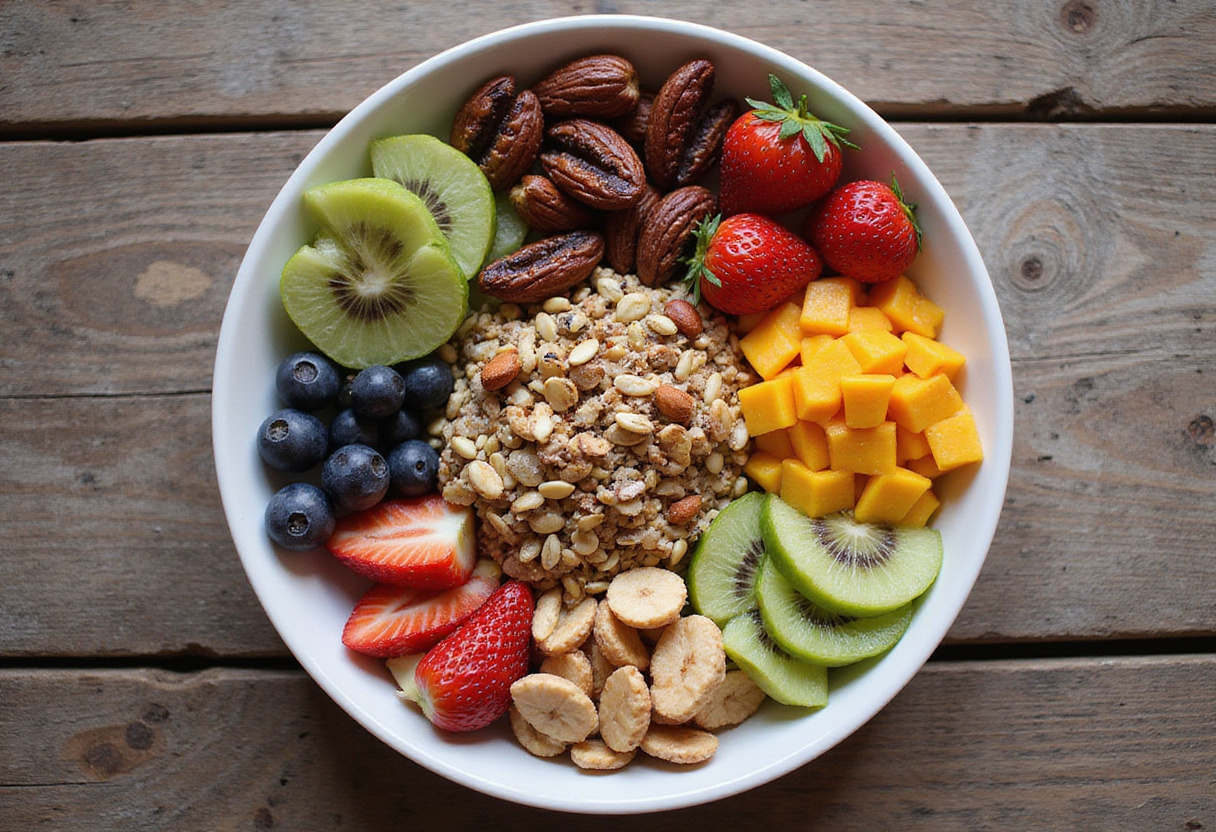 Stunning overhead presentation of the Supermodel Snack featuring fresh fruits and crunchy nuts, ideal for health-conscious snack lovers.