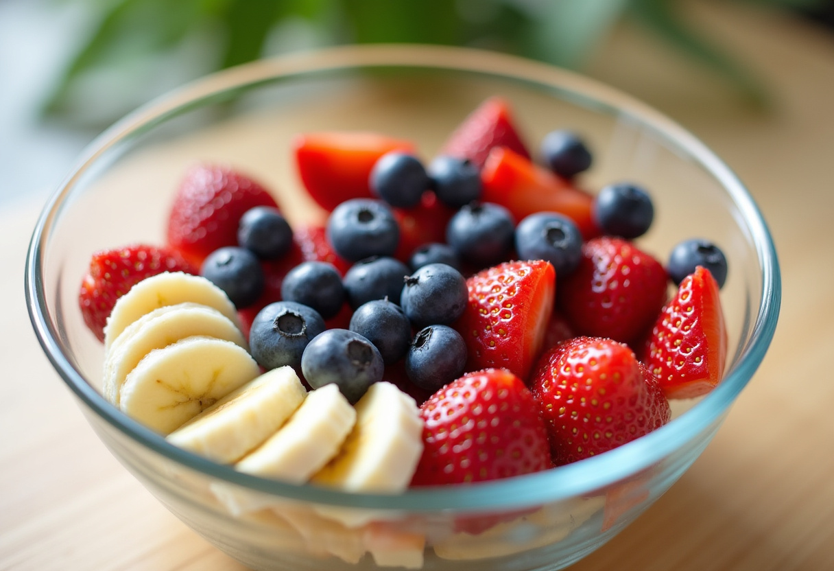 Delicious and nutritious Supermodel Snack ingredients with a variety of fresh fruits like strawberries, bananas, and blueberries on a wooden countertop.