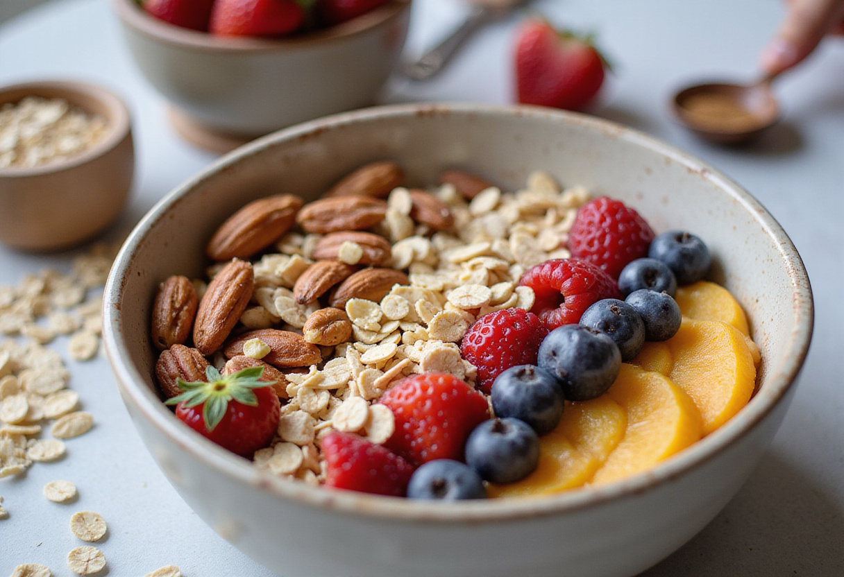 Adding crunchy nuts and seeds to the Supermodel Snack, creating a wholesome and energy-boosting combination for a healthy treat.