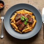 Final presentation of Sweet and Spicy Garlic Steak Pasta, showcasing the deliciously plated dish ready to be served.