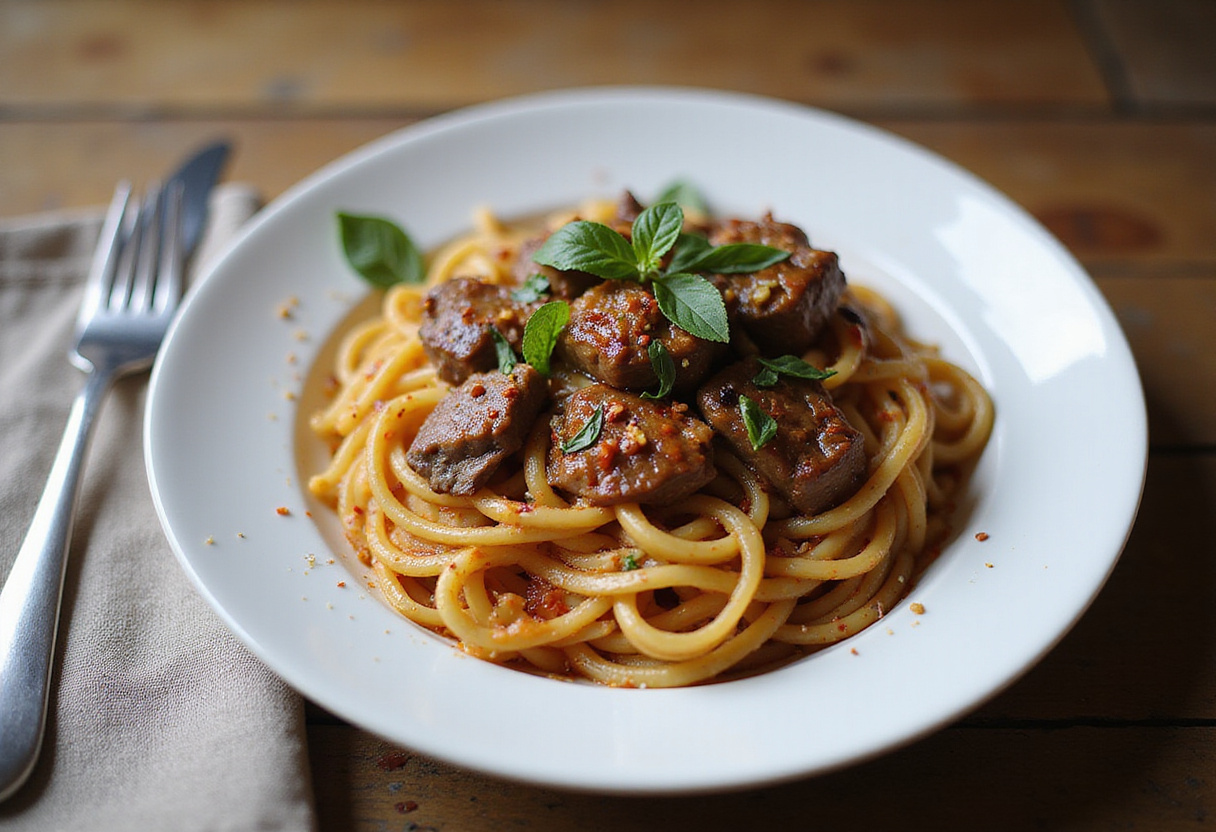 Final presentation of Sweet and Spicy Garlic Steak Pasta, showcasing the deliciously plated dish ready to be served.