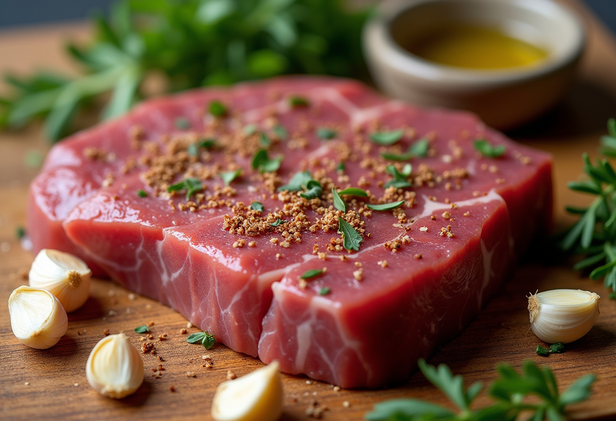 Sweet and Spicy Garlic Steak Pasta marinade ingredients including steak and garlic, showcasing the preparation process for marinated steak.