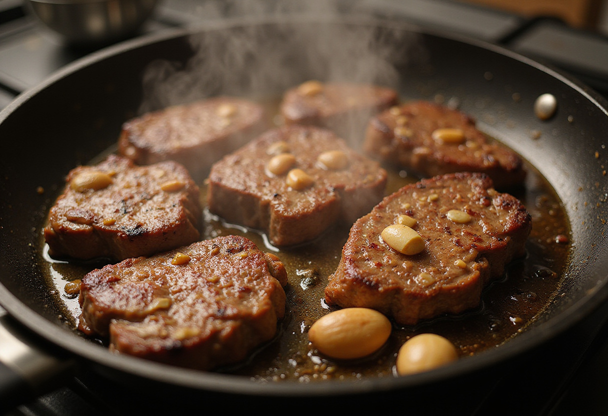 Cooking marinated steak for Sweet and Spicy Garlic Steak Pasta in a skillet, capturing the searing process of steak pieces.