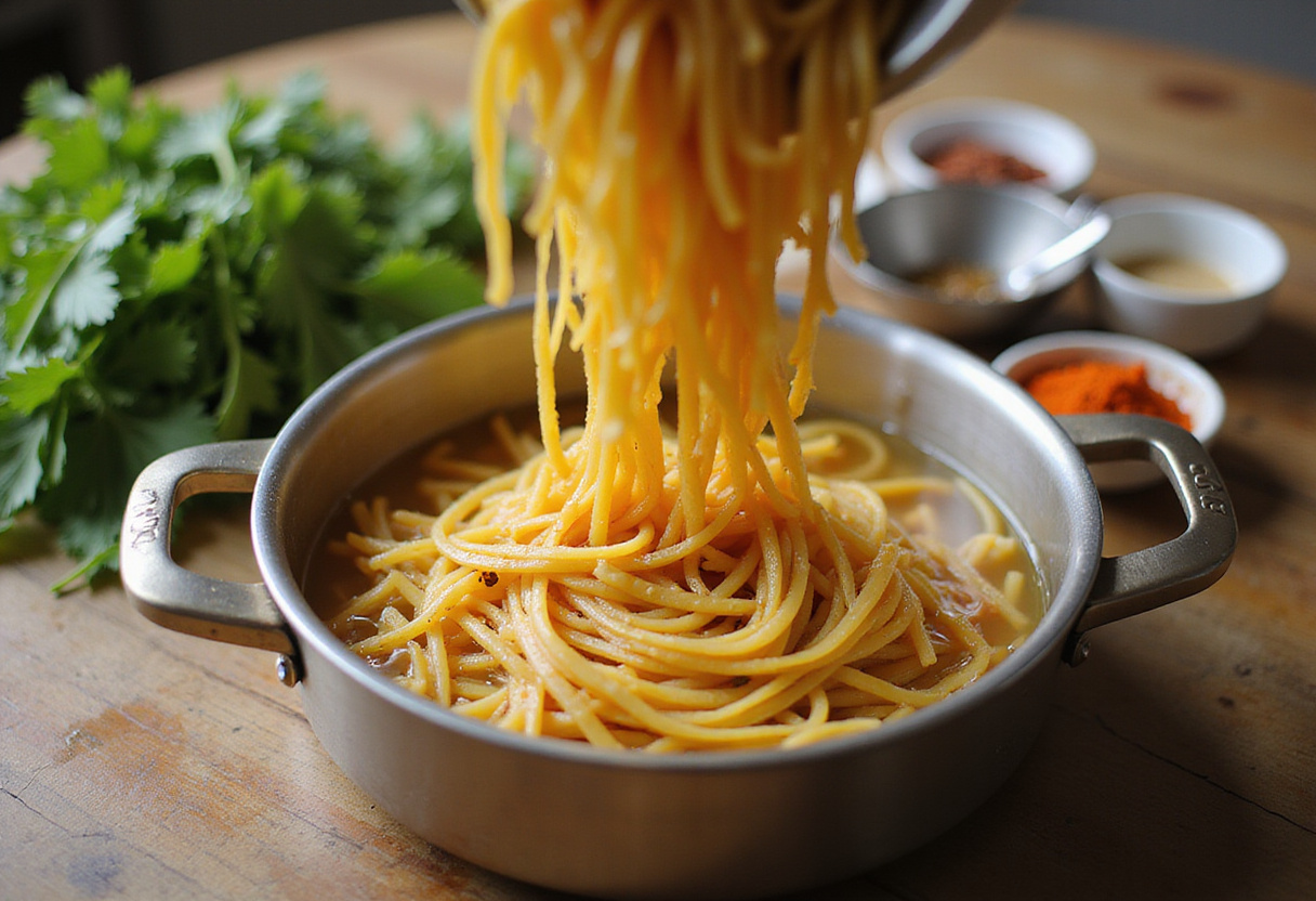 Boiling pasta for Sweet and Spicy Garlic Steak Pasta, depicting the process of cooking pasta to perfection.