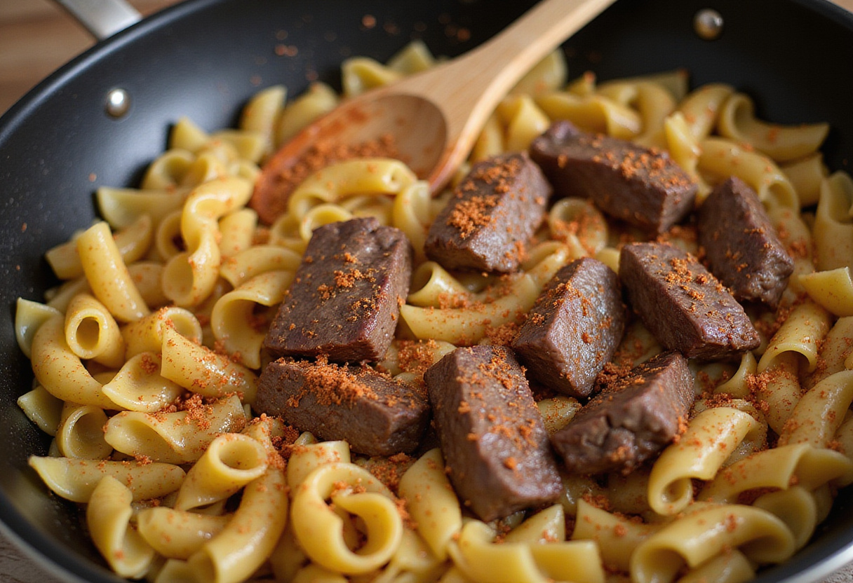 Combining seared steak and pasta for Sweet and Spicy Garlic Steak Pasta, highlighting the harmonious blend of flavors and colors.
