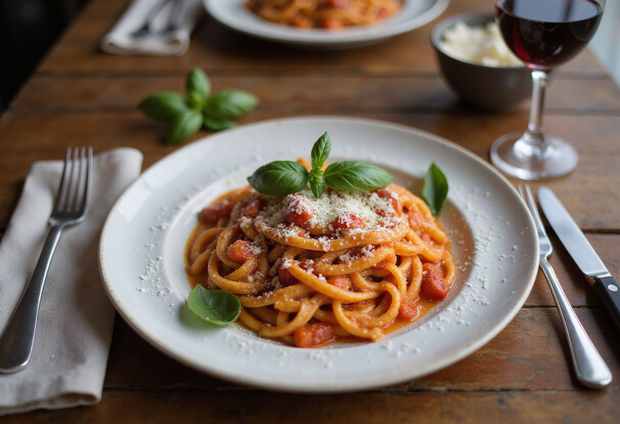 Deliciously plated creamy tomato pasta, showcasing rich flavors and fresh garnishes, perfect for any pasta lover's meal.