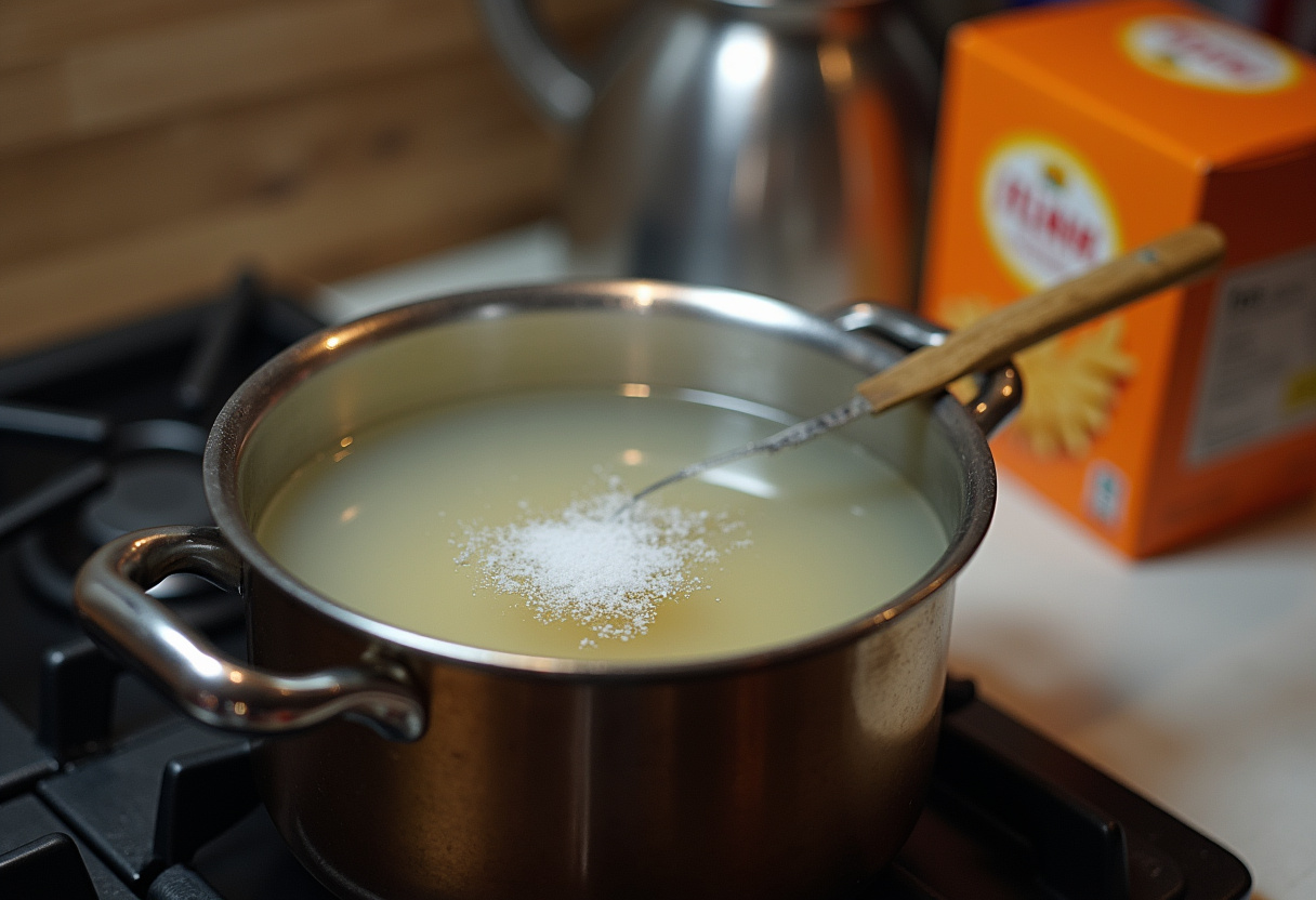 Preparing for creamy tomato pasta by boiling water with salt for the pasta, cooking essentials in a bright kitchen.