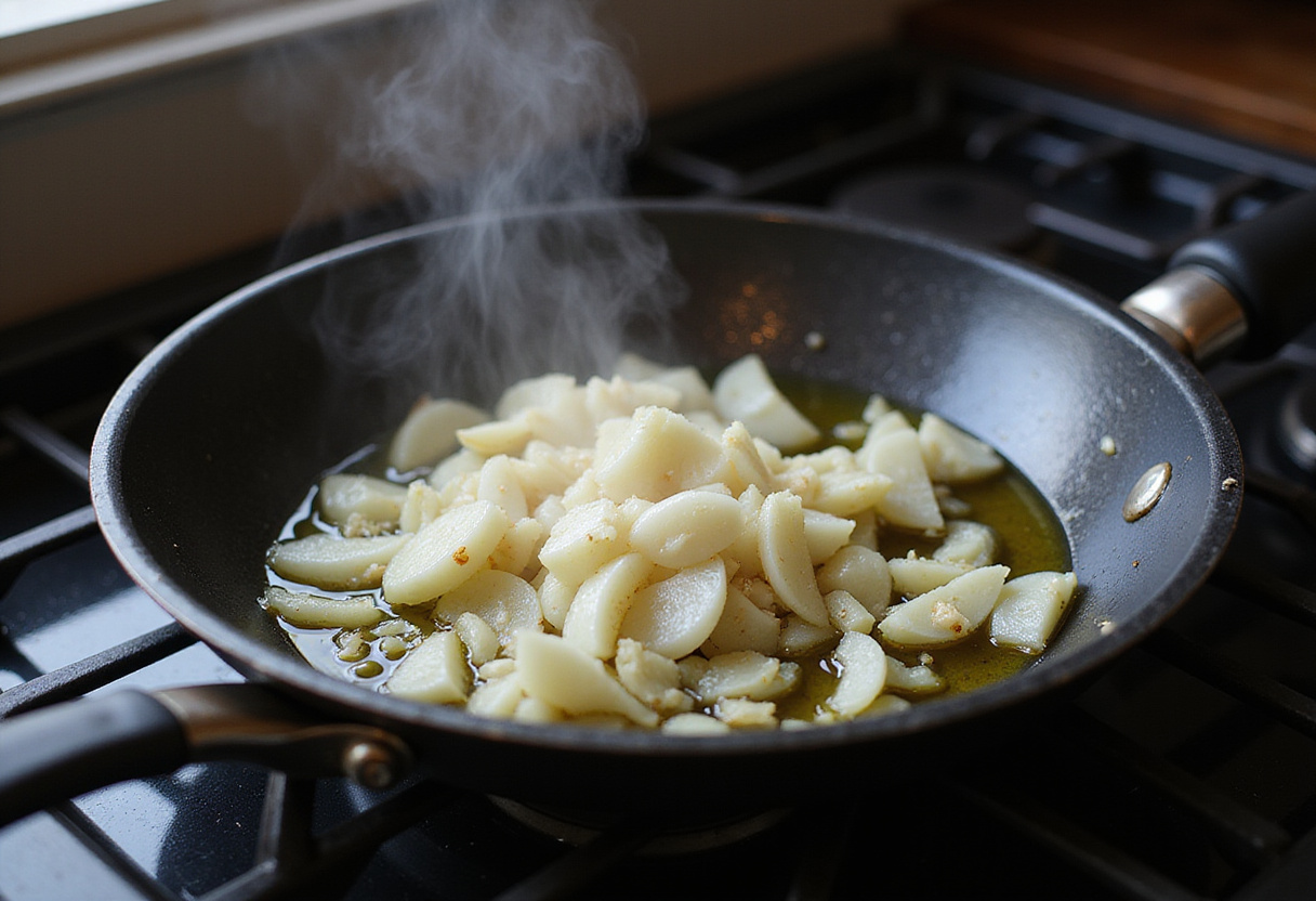 Cooking aromatic onions and garlic in olive oil for creamy tomato pasta, highlighting the flavorful base of the dish.