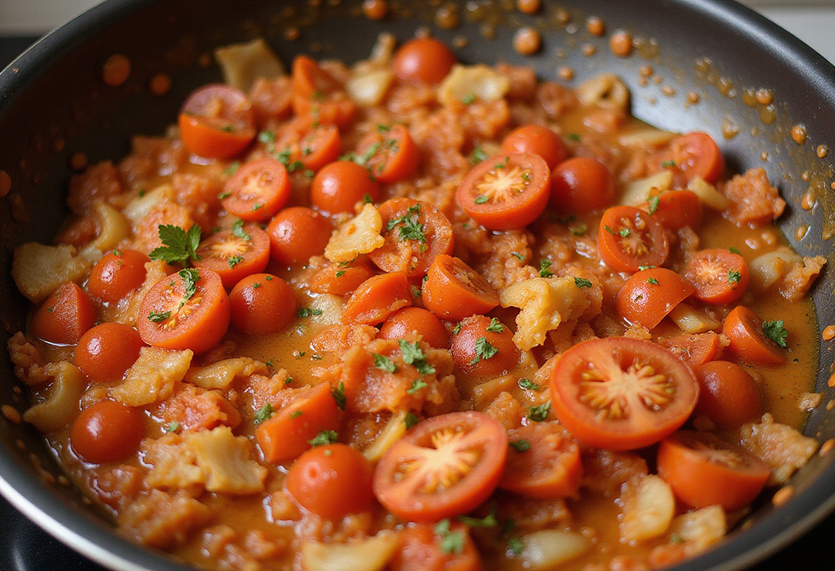 Simmering crushed tomatoes with herbs for creamy tomato pasta sauce, showcasing fresh ingredients and vibrant colors.