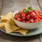 Delicious Watermelon Salsa served with tortilla chips in a festive presentation, perfect for summer gatherings.