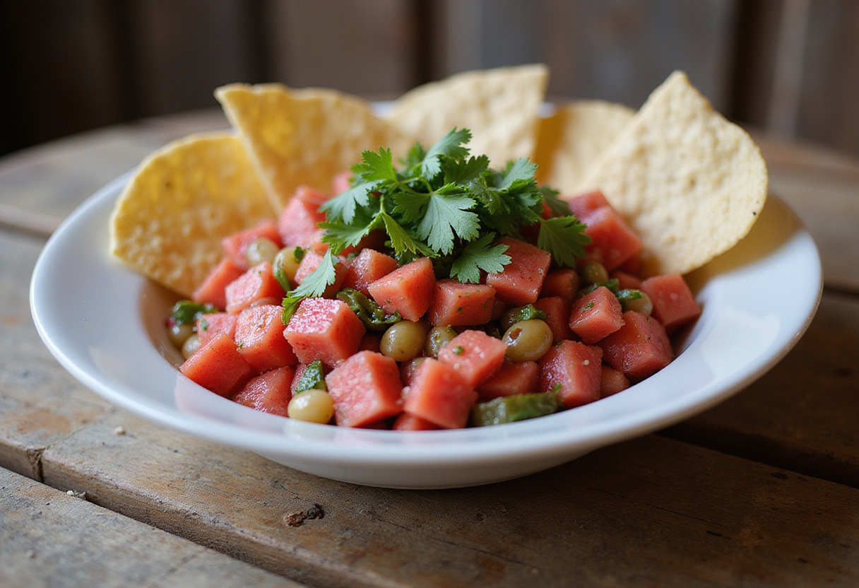 Delicious Watermelon Salsa served with tortilla chips in a festive presentation, perfect for summer gatherings.