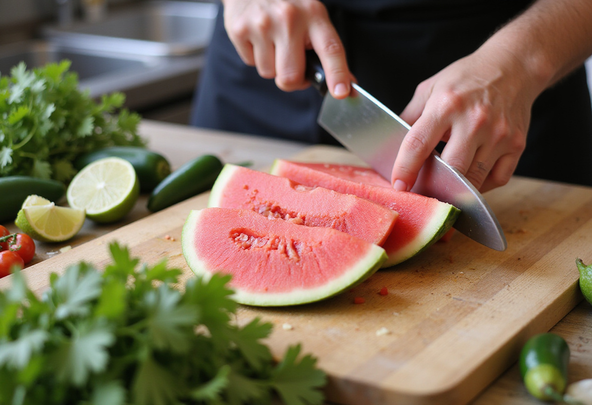 Fresh watermelon being chopped for Watermelon Salsa, showcasing vibrant ingredients like lime and jalapeño.