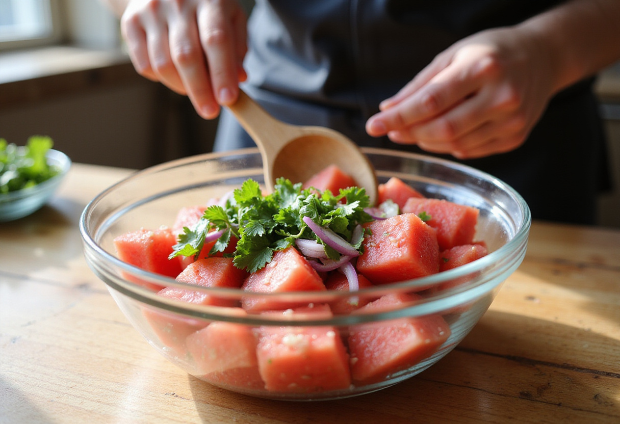 Mixing watermelon, red onion, and cilantro for a delicious Watermelon Salsa in a bright kitchen.