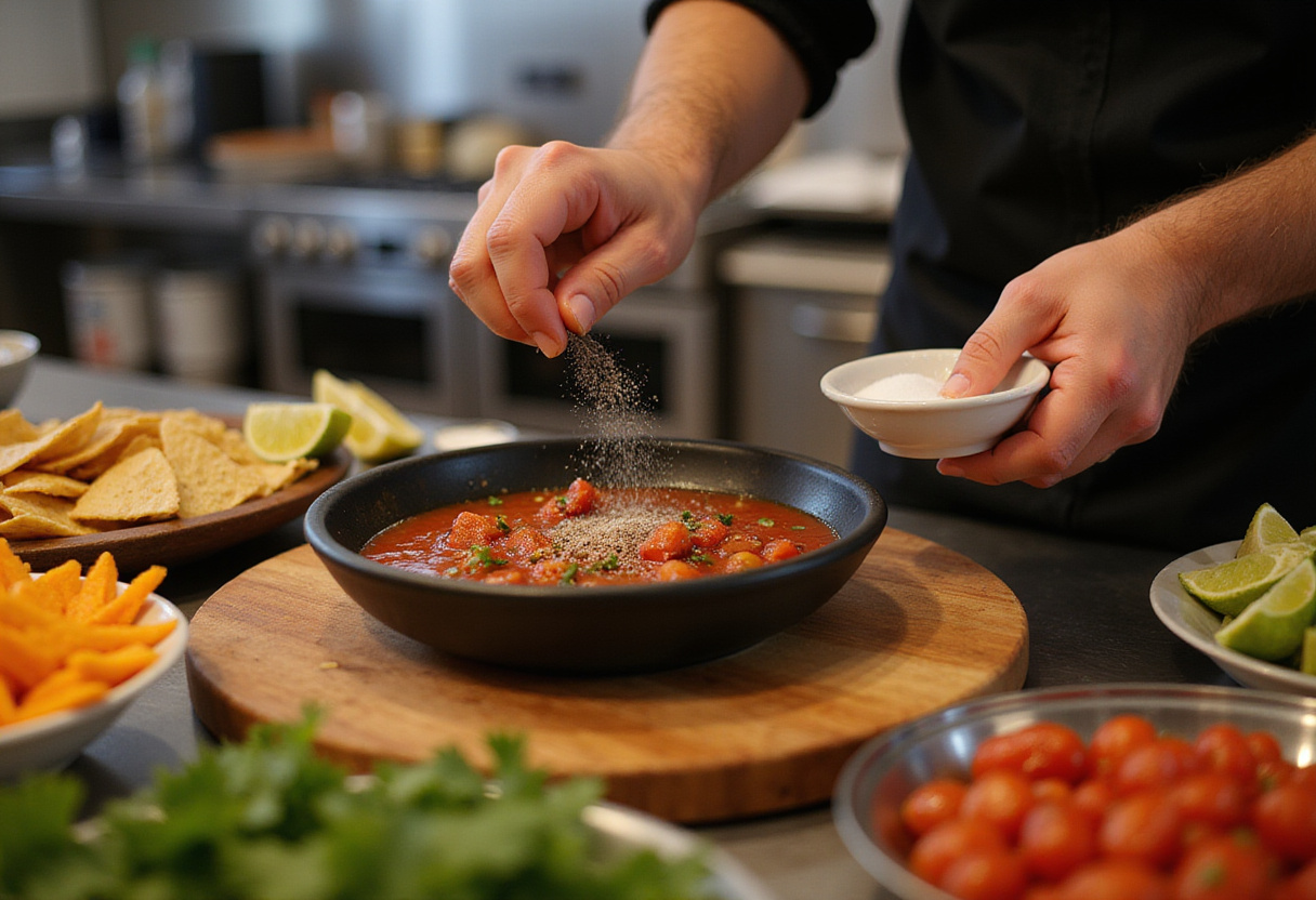 Seasoning the Watermelon Salsa with salt and pepper to elevate the flavor in a bright kitchen setting.