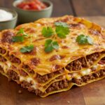Mouthwatering final presentation of the best taco lasagna, garnished with cilantro, ready to be served alongside sour cream and salsa, perfect for any gathering.