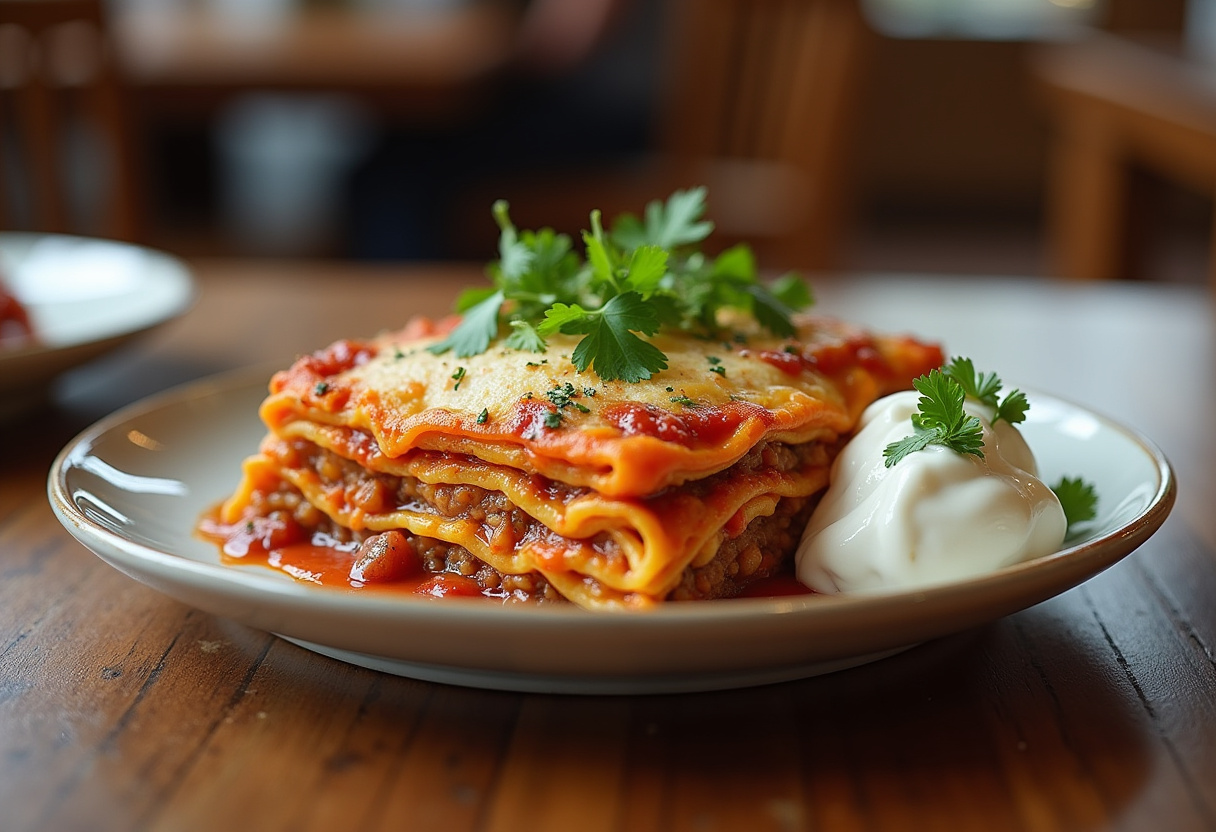 Mouthwatering final presentation of the best taco lasagna, garnished with cilantro, ready to be served alongside sour cream and salsa, perfect for any gathering.