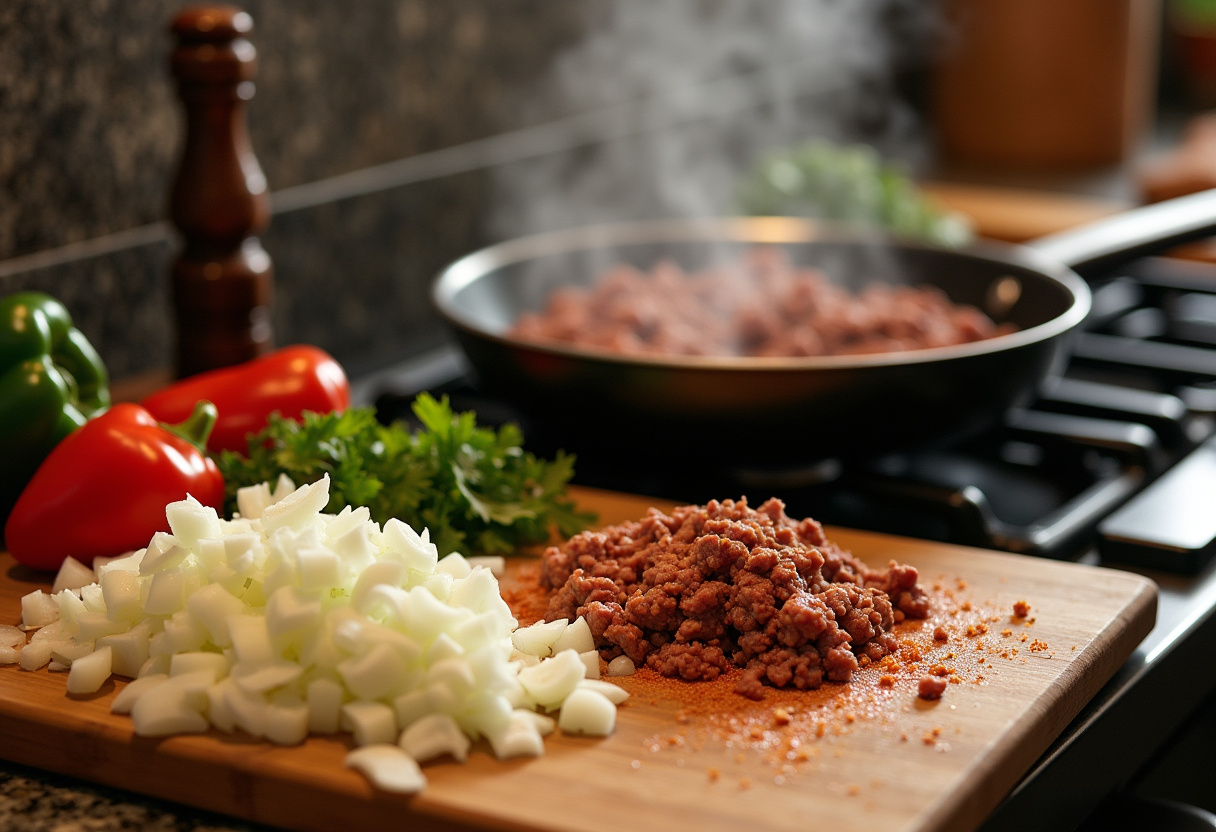Delicious taco lasagna preparation with sautéed onions and bell peppers in a skillet, showcasing the vibrant ingredients for the best taco lasagna.