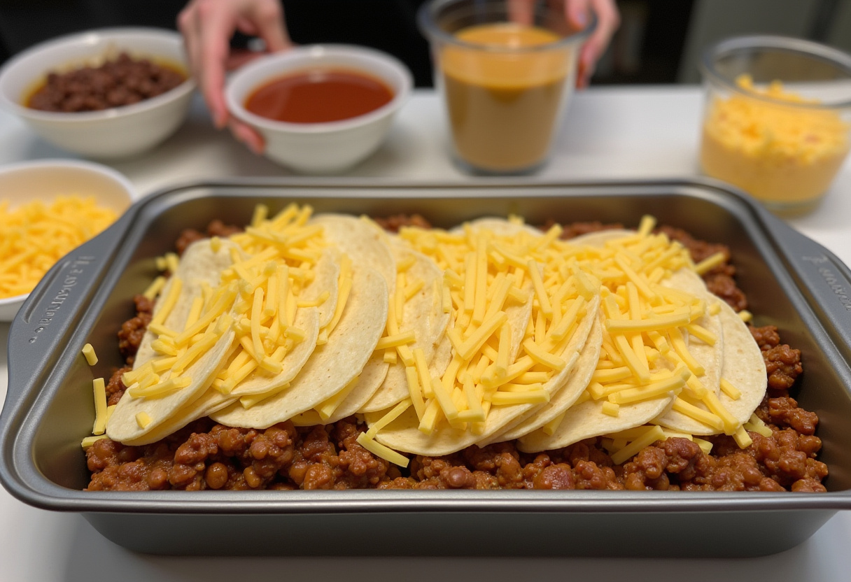 Layering the best taco lasagna in a baking dish, showcasing tortillas, meat, cheese, and black beans, a crucial step in creating this delightful dish.