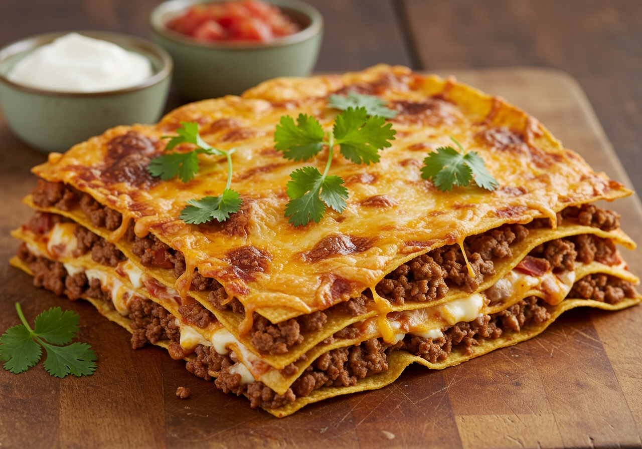Mouthwatering final presentation of the best taco lasagna, garnished with cilantro, ready to be served alongside sour cream and salsa, perfect for any gathering.