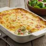 The final presentation of Chicken Alfredo Casserole, showcasing a creamy, cheesy dish perfect for family dinners.
