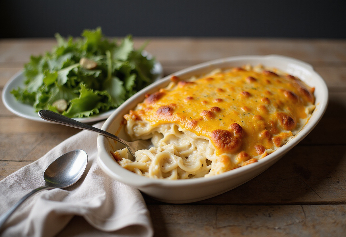 The final presentation of Chicken Alfredo Casserole, showcasing a creamy, cheesy dish perfect for family dinners.