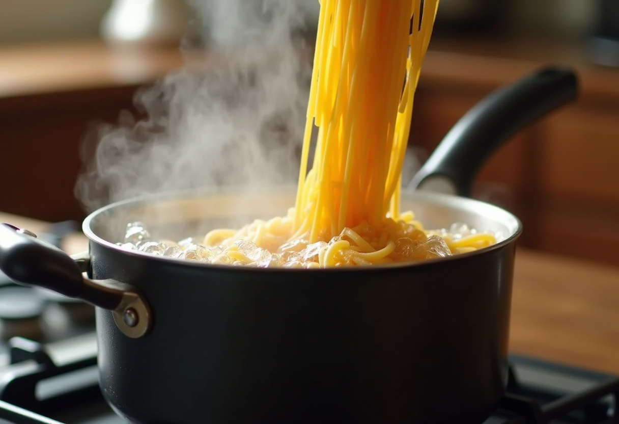 Boiling pasta for Chicken Alfredo Casserole prepares the base for a rich, creamy dish.