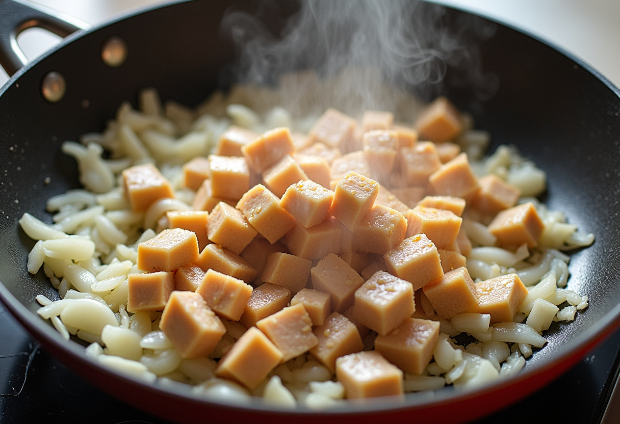 Sautéing chicken, garlic, and onions creates flavorful layers for Chicken Alfredo Casserole.