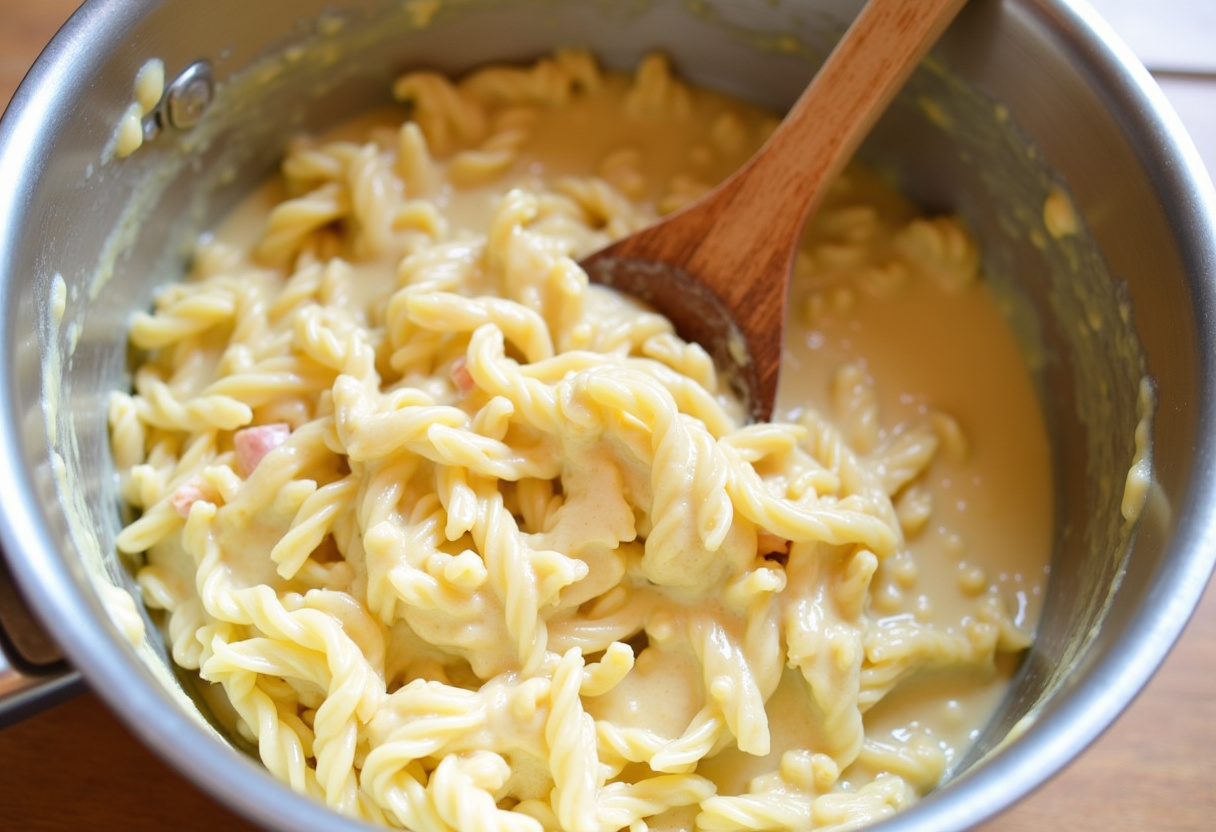 Mixing creamy Alfredo sauce with pasta and chicken for a hearty Chicken Alfredo Casserole.