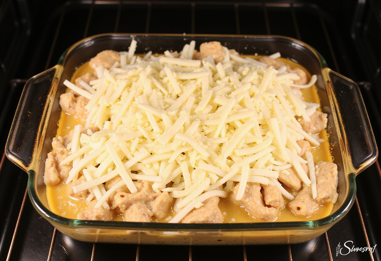 Layering Chicken Alfredo Casserole with cheese before baking for a deliciously melty finish.