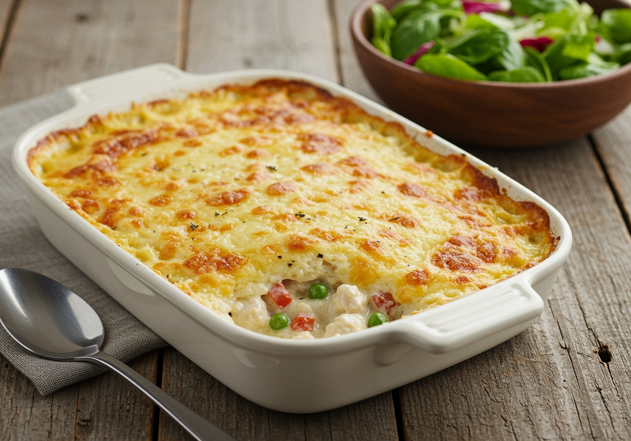 The final presentation of Chicken Alfredo Casserole, showcasing a creamy, cheesy dish perfect for family dinners.