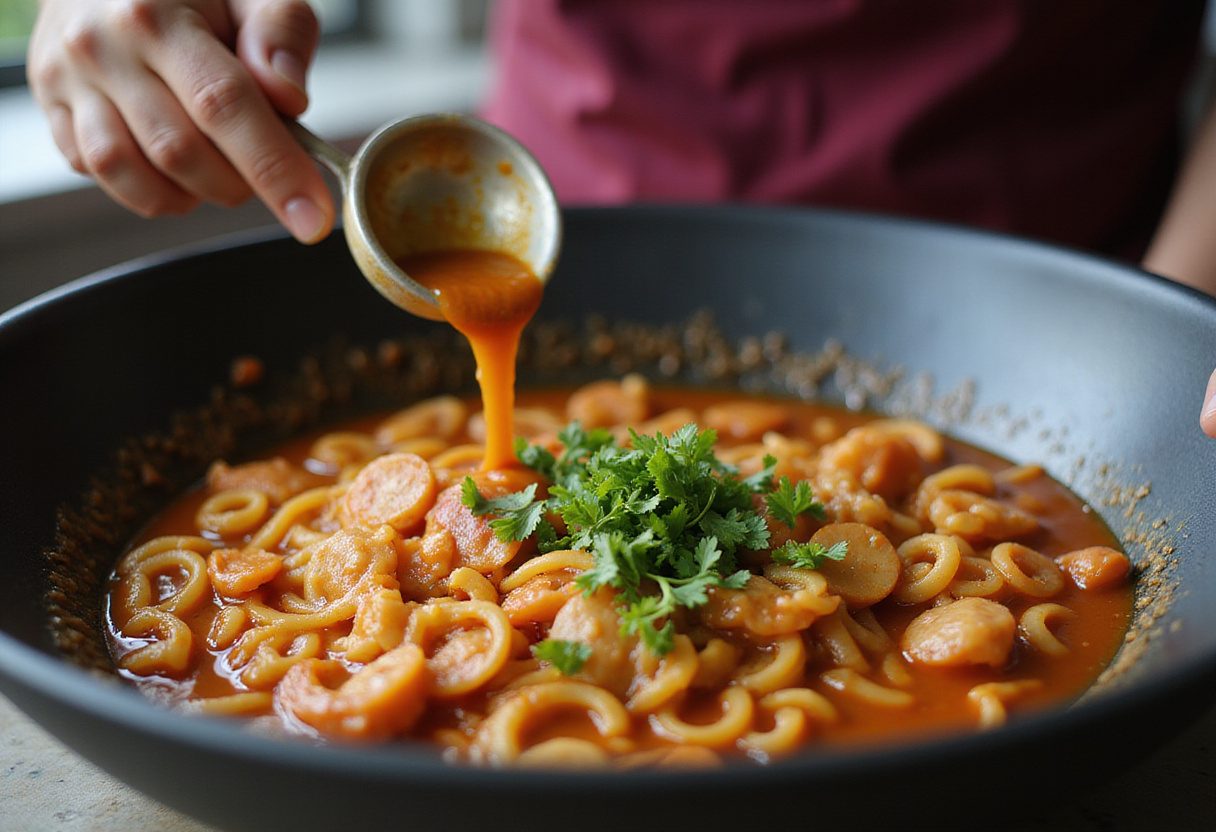 Creating the perfect sauce for the best saucy ramen noodles in a mixing bowl, enhancing flavor and appeal.