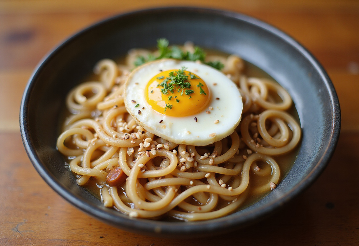 Final touches on the best saucy ramen noodles served in a bowl, showcasing a delicious homemade meal.