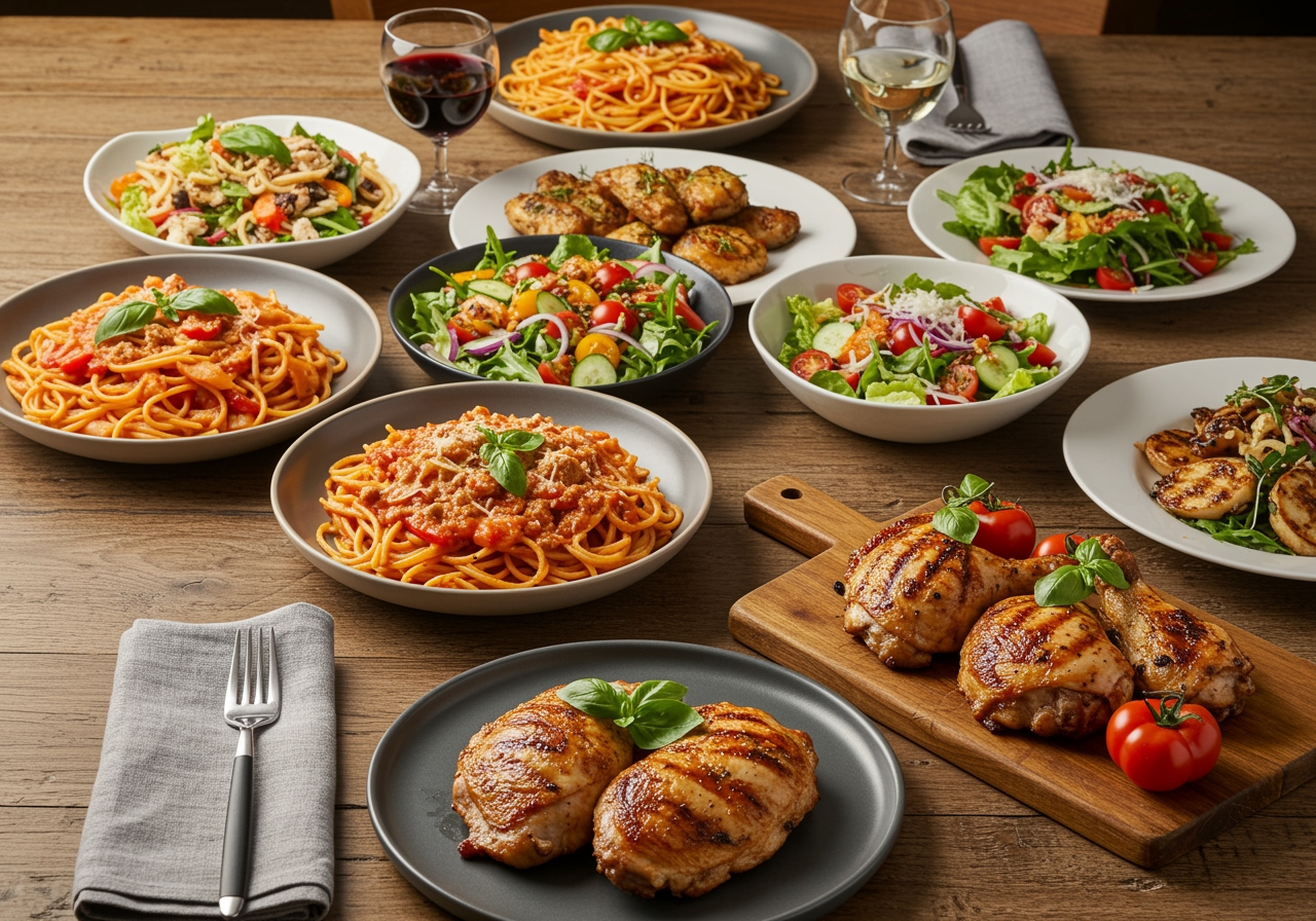 A beautiful dinner spread featuring pasta, salad, and grilled chicken, encapsulating the 24 simple dinner ideas for a delightful meal.