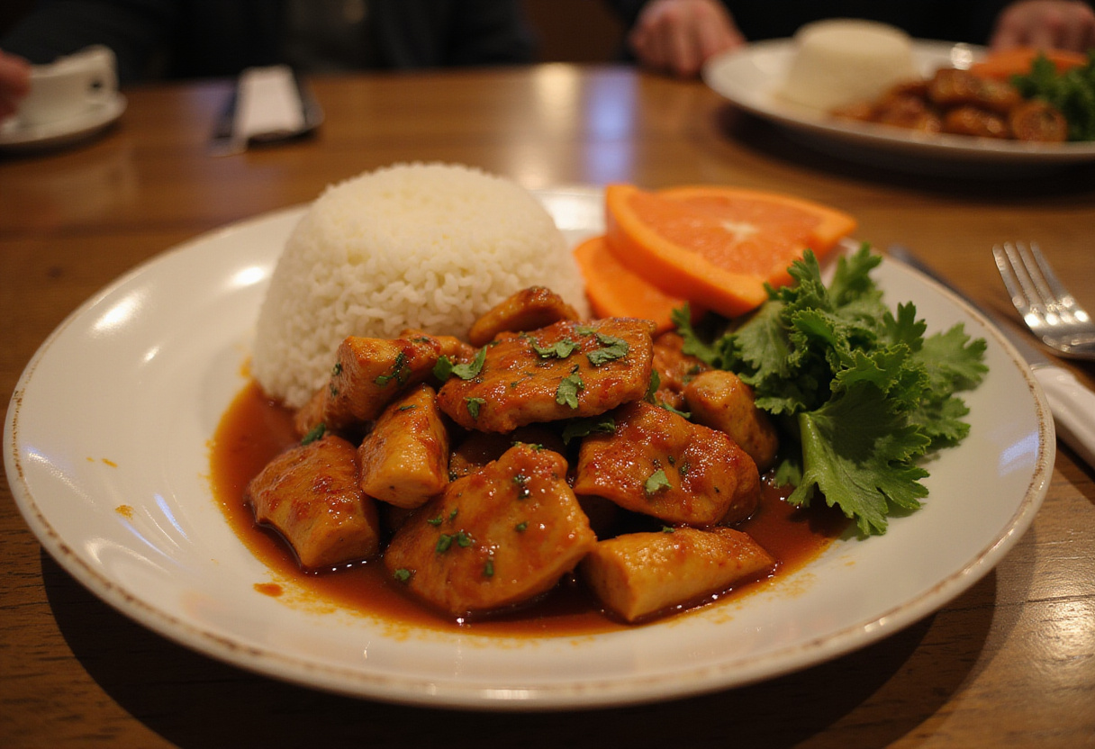 Delicious spicy dragon chicken served with jasmine rice and vegetables, an inviting Asian meal you'll crave.