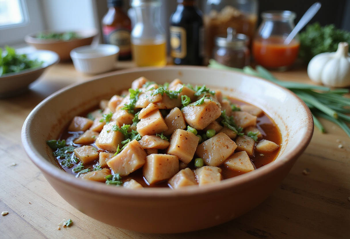 Diced chicken marinated in soy sauce, garlic, and ginger for spicy dragon chicken recipe.