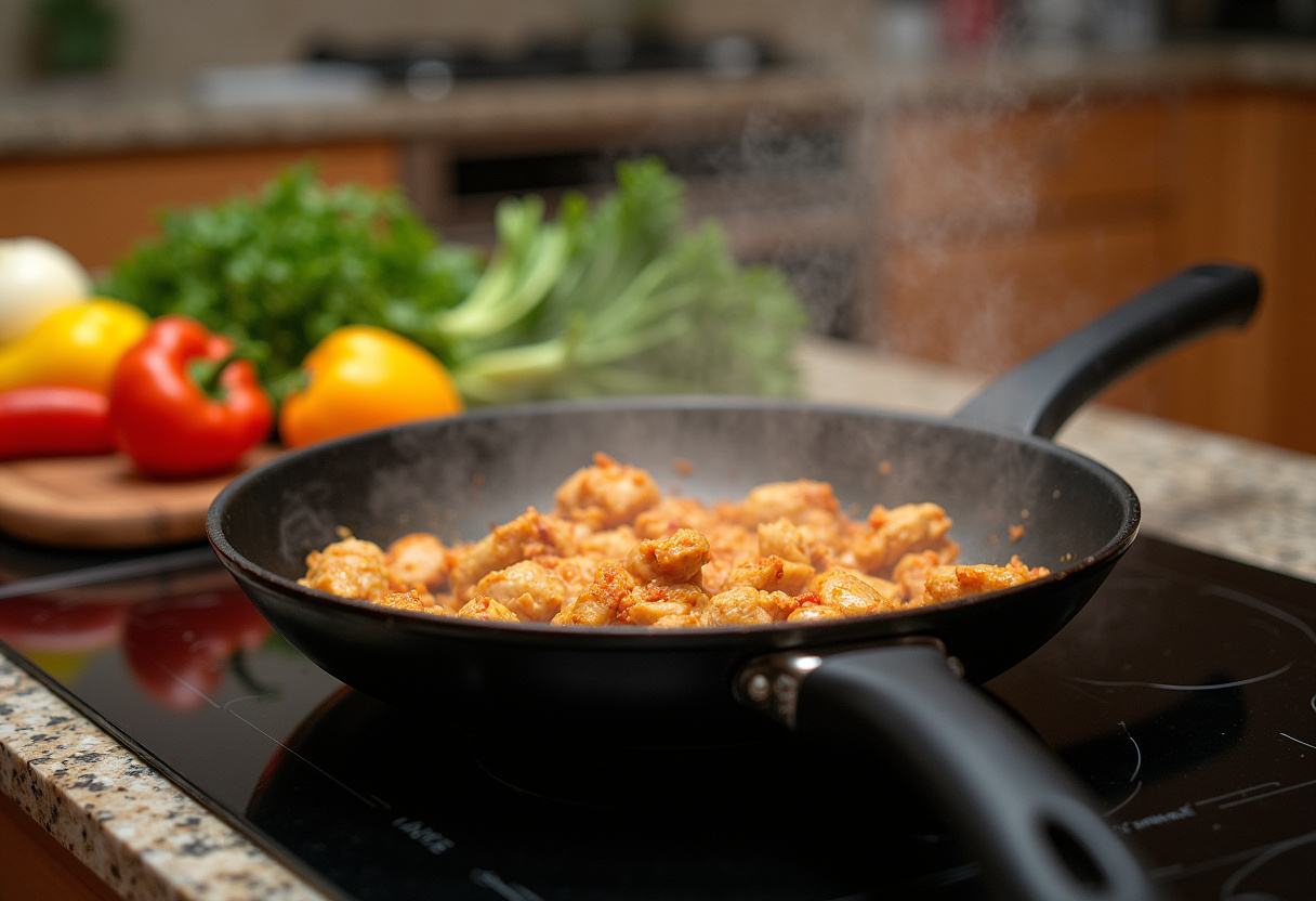 Cooking marinated chicken in a frying pan for spicy dragon chicken, sizzling with flavor.