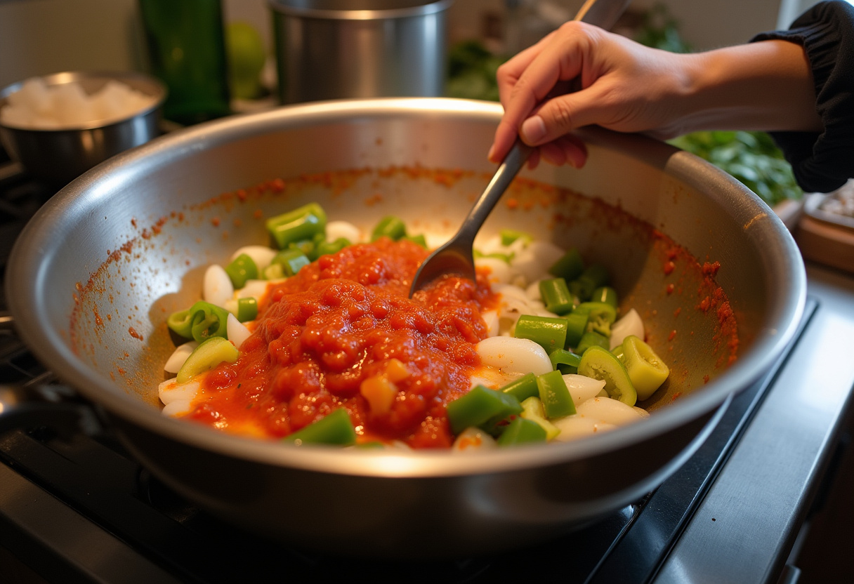 Mixing vibrant bell peppers and red chili sauce for spicy dragon chicken in a bright kitchen.