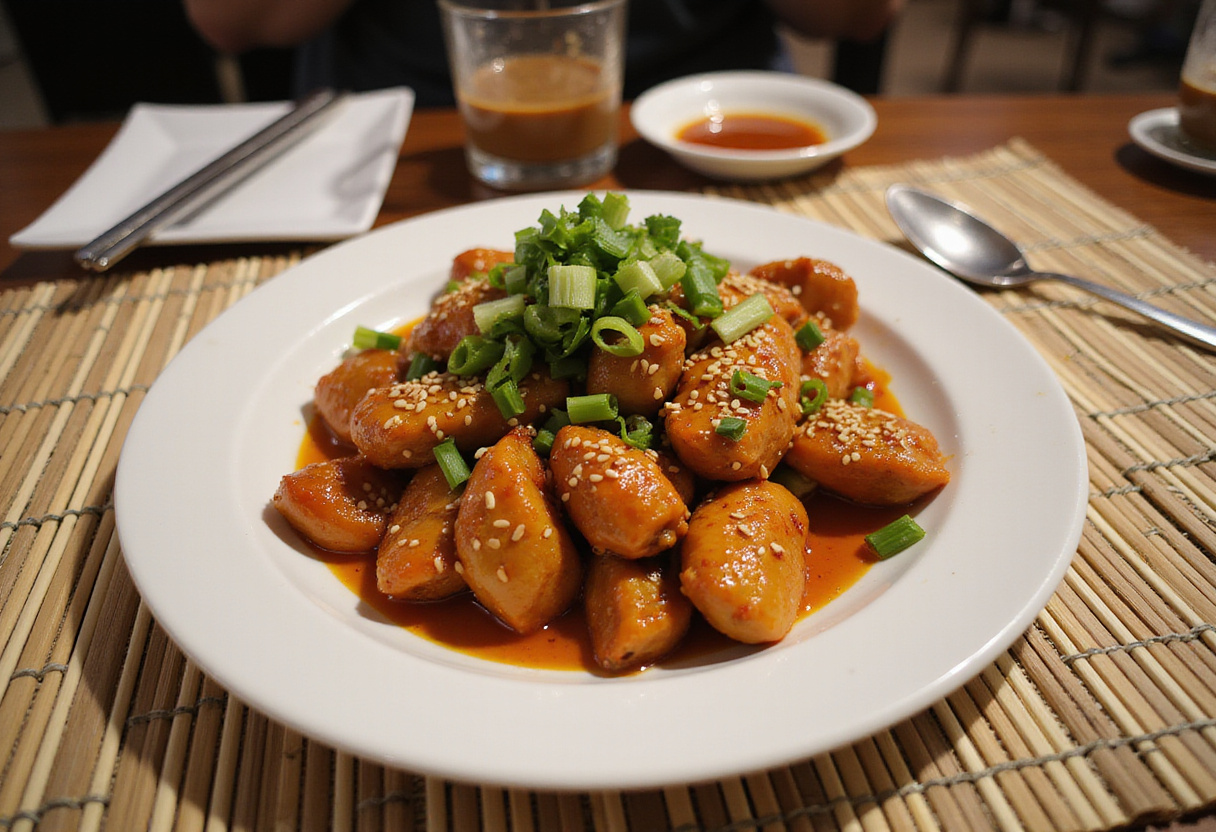 Plate of delicious spicy dragon chicken garnished with scallions and sesame seeds, ready to serve.