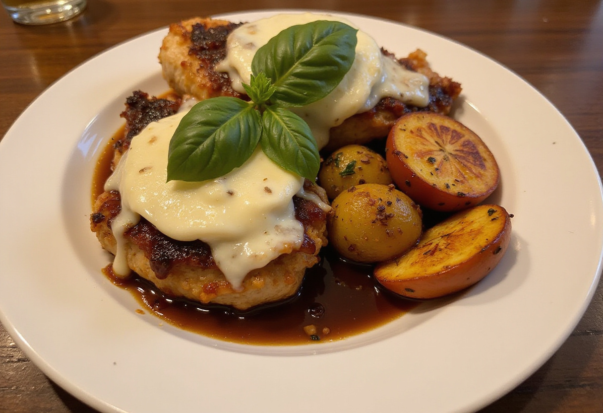 A stunning presentation of Balsamic Baked Chicken Breast with Mozzarella Cheese, garnished with basil and accompanied by roasted vegetables.