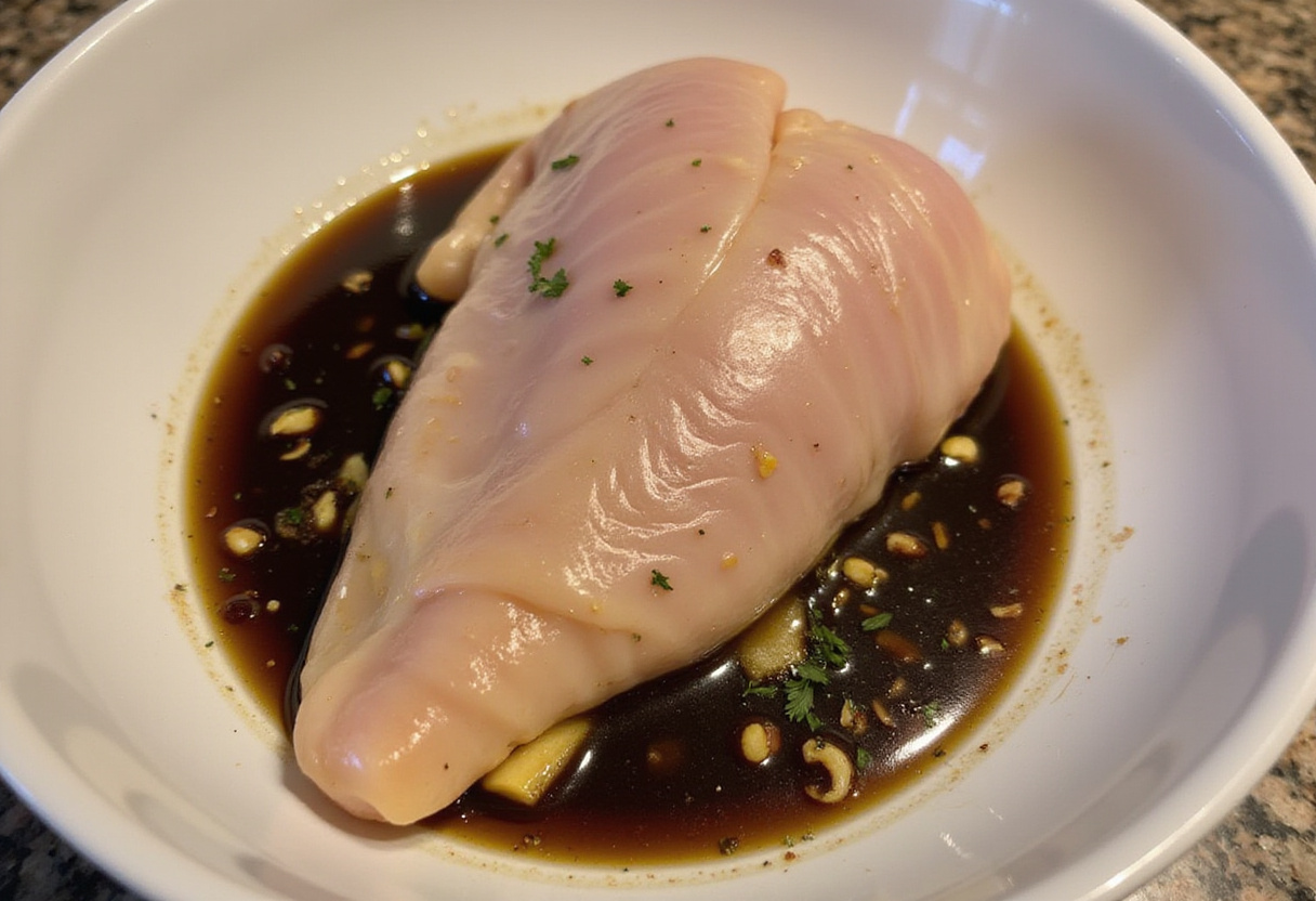 Balsamic Baked Chicken Breast marinated with balsamic vinegar and herbs on a countertop.