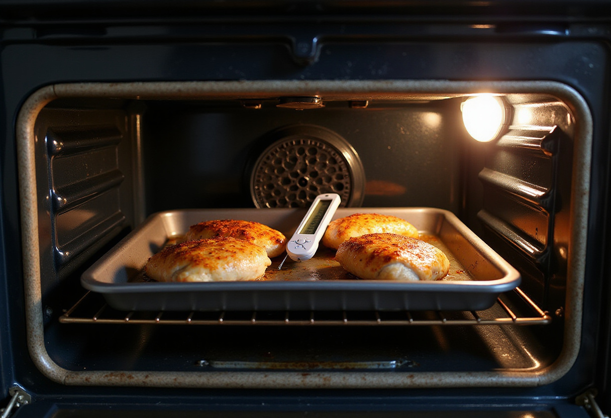 Chicken breasts baking in the oven for a flavorful Balsamic Baked Chicken recipe, with a meat thermometer for perfect doneness.