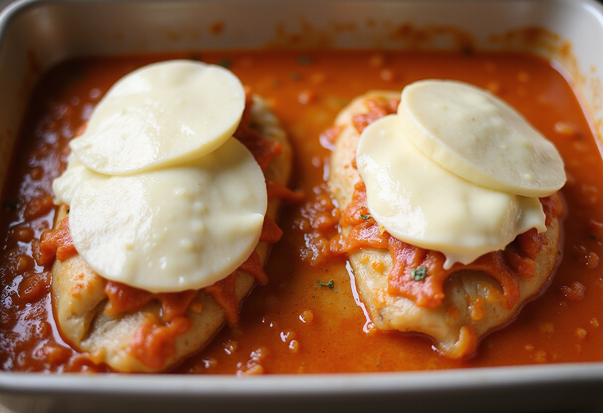 Melted mozzarella cheese layering over baked Balsamic Chicken, creating a delicious cheesy top.