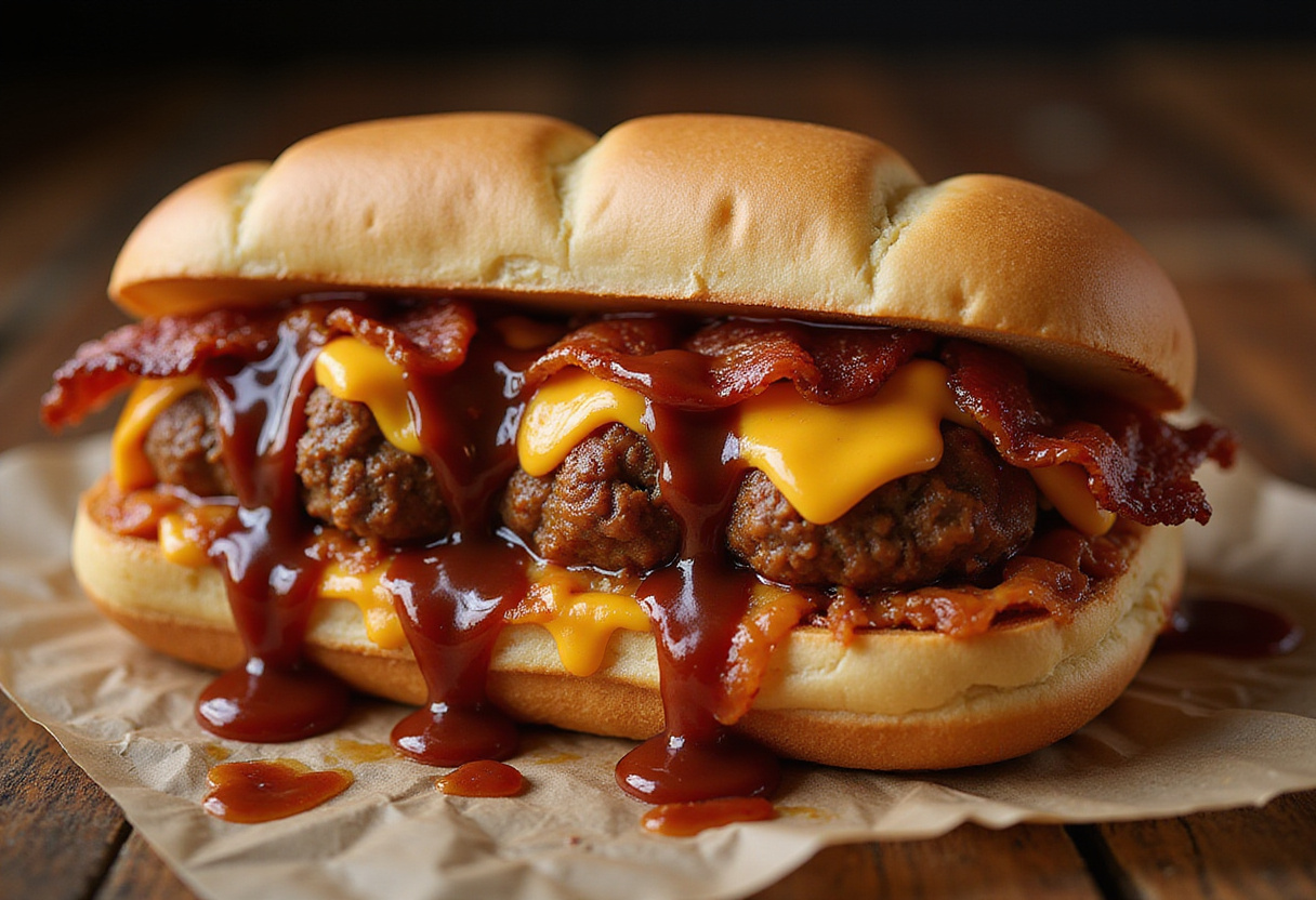 Delicious close-up of a Bourbon BBQ Bacon Cheeseburger Meatball Sub, highlighting melt-in-your-mouth meatballs and cheese